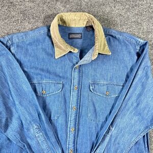 Lands End Denim Shirt 15.5 Medium Corduroy Collar Utility USA Made Vintage 80's